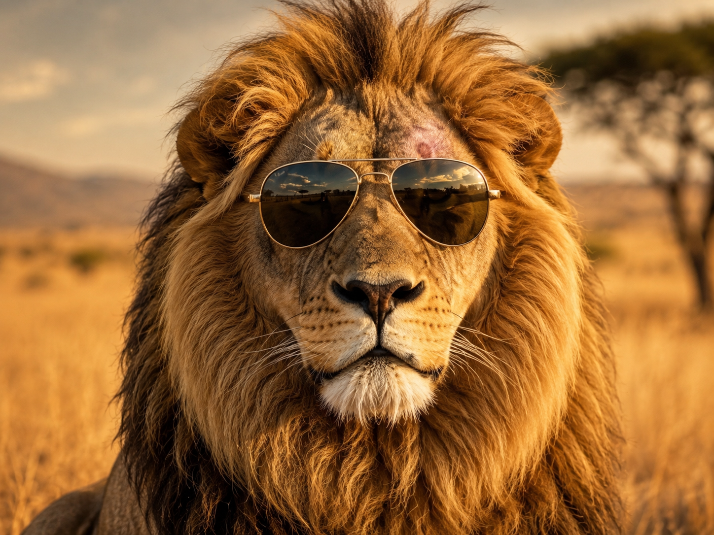 A lion wearing sunglasses on the savanna